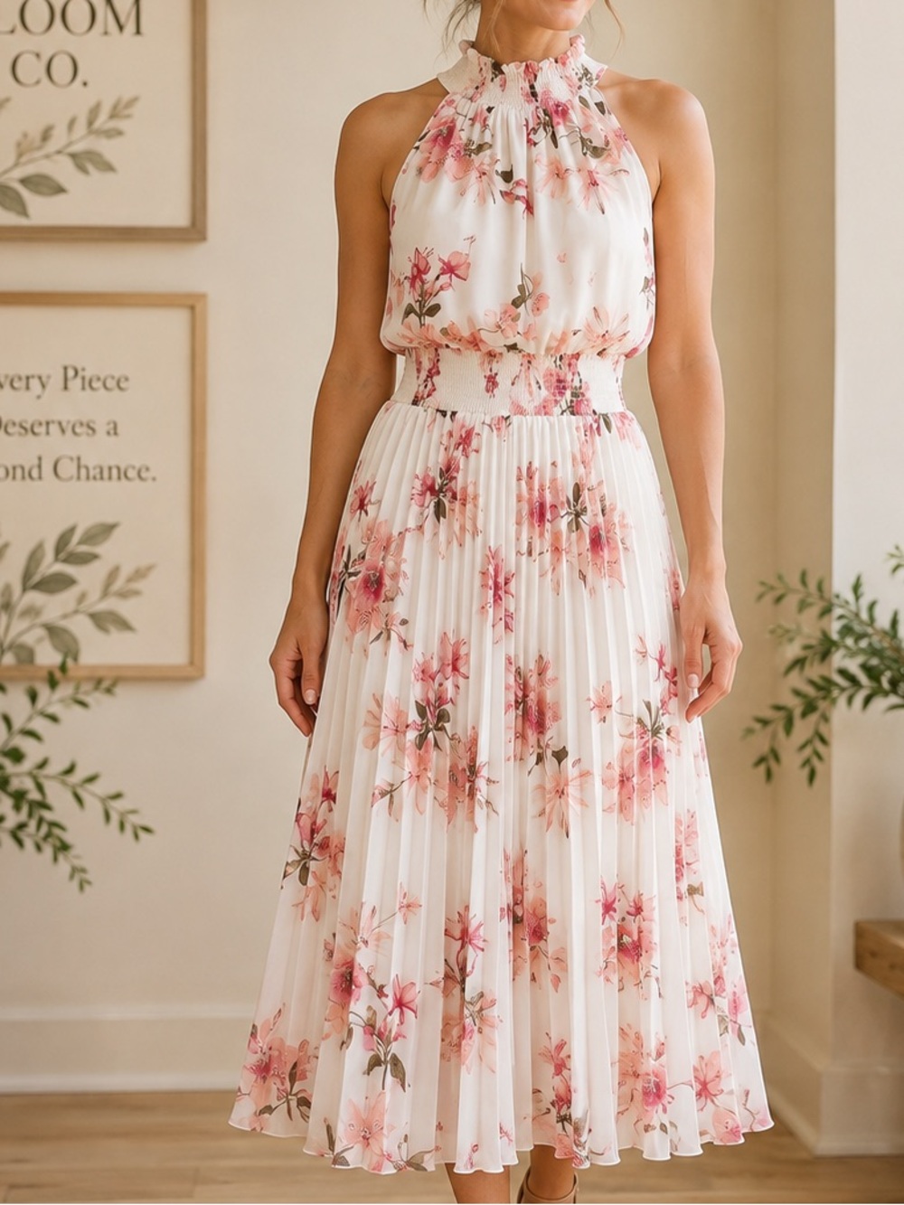 White House Black Market Size 6 Floral Halter Pleated Midi Dress
